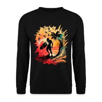 Cooler Surfer im Sonnenaufgang unter Palmen - Unisex Pullover - Schwarz - Vorne - Alina (178cm) & Michal (187cm)