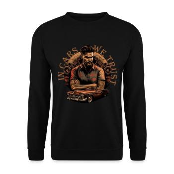Oldtimer mit Schriftzug - Unisex Pullover - Schwarz - Vorne - Alina (178cm) & Michal (187cm)