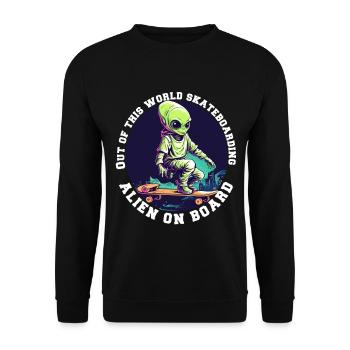 Alien auf Skateboard mit Schriftzug - Unisex Pullover - Schwarz - Vorne - Alina (178cm) & Michal (187cm)