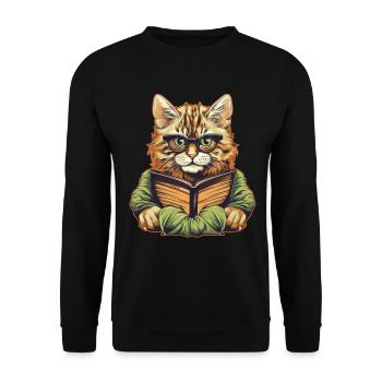 Katze mit Buch - Unisex Pullover - Schwarz - Vorne - Alina (178cm) & Michal (187cm)