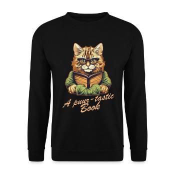 Katze mit Buch und Schriftzug - Unisex Pullover - Schwarz - Vorne - Alina (178cm) & Michal (187cm)