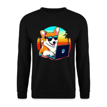 Cool Corgi Dog with Laptop and Sunset - Unisex Sweatshirt - black - Front - Alina (178cm) & Michal (187cm)