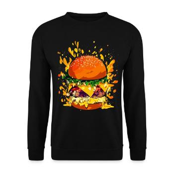 Extravaganter Cheeseburger mit Käse Splatter - Unisex Pullover - Schwarz - Vorne - Alina (178cm) & Michal (187cm)