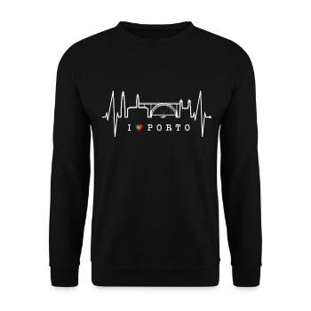 Porto Skyline Herzschlag Portugal Herz Love Porto - Unisex Pullover - Schwarz - Vorne - Alina (178cm) & Michal (187cm)