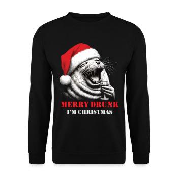 Merry Drunk I'm Christmas Wein Spruch Weihnachten - Unisex Pullover - Schwarz - Vorne - Alina (178cm) & Michal (187cm)
