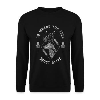 Outdoor und Natur Zitat Hirsch Tier Wald - Unisex Pullover - Schwarz - Vorne - Alina (178cm) & Michal (187cm)