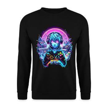 Gamer Headset Anime Synthwave Art - Unisex Pullover - Schwarz - Vorne - Alina (178cm) & Michal (187cm)