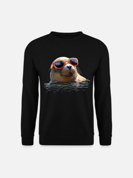 Robbe mit Sonnenbrille Seehund Walross Süße Robben - Unisex Pullover - Schwarz