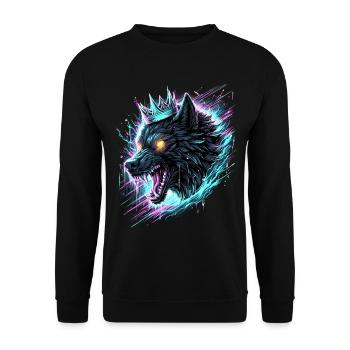 Königlicher Wolf Synthwave - Unisex Pullover - Schwarz - Vorne - Alina (178cm) & Michal (187cm)