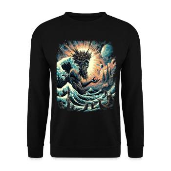 Poseidons Große Welle vor Kanagawa - Unisex Pullover - Schwarz - Vorne - Alina (178cm) & Michal (187cm)