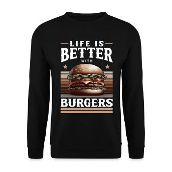 Burgers und Lebensfreude Motiv - Unisex Pullover - Schwarz - Vorne - Alina (178cm) & Michal (187cm)