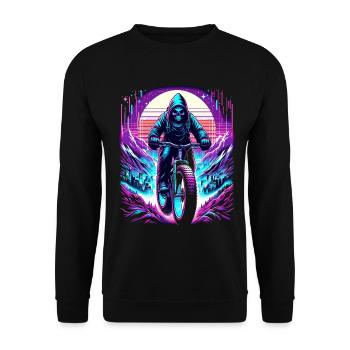 Skelett Fatbiker Synthwave Retro Fahrrad Fahrer - Unisex Pullover - Schwarz - Vorne - Alina (178cm) & Michal (187cm)