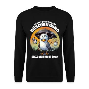 Lustige Möwe im Sturm Lustiger Spruch Büschen Wind - Unisex Pullover - Schwarz - Vorne - Alina (178cm) & Michal (187cm)