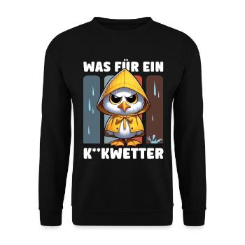 Lustige Möwe im Regencape "Was für ein Kackwetter" - Unisex Pullover - Schwarz - Vorne - Alina (178cm) & Michal (187cm)