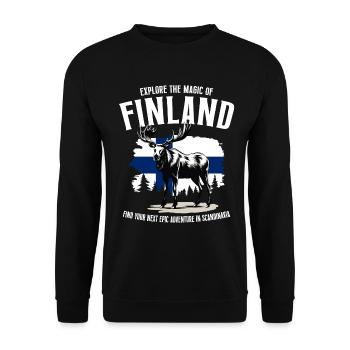 Finnland Abenteuer: Elch und finnische Flagge - Unisex Pullover - Schwarz - Vorne - Alina (178cm) & Michal (187cm)