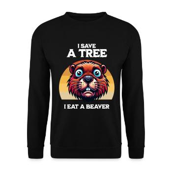 Save A Tree Biber Retro Humor - Unisex Pullover - Schwarz - Vorne - Alina (178cm) & Michal (187cm)