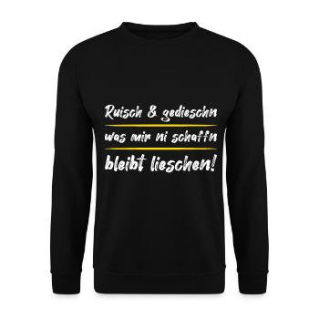 Ruisch und gedieschn – Sächsischer Dialekt Spruch - Unisex Pullover - Schwarz - Vorne - Alina (178cm) & Michal (187cm)