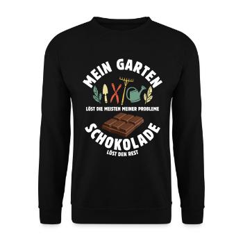 Mein Garten löst meine Probleme - Schoko Spruch - Unisex Pullover - Schwarz - Vorne - Alina (178cm) & Michal (187cm)