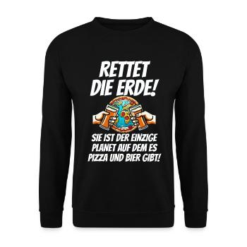 Rettet die Erde Lustiges Bier Pizza Deutsch - Unisex Pullover - Schwarz - Vorne - Alina (178cm) & Michal (187cm)