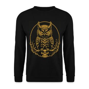 Mystische Eule sitzt auf einem Skull - Unisex Pullover - Schwarz - Vorne - Alina (178cm) & Michal (187cm)
