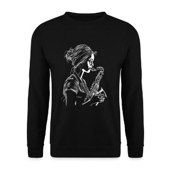 Saxophonspielerin Line Art - Unisex Pullover - Schwarz - Vorne - Alina (178cm) & Michal (187cm)