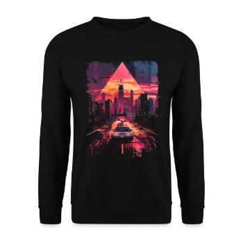 Vaporwave Voiture Rétro Ville Synthwave Années 80 Années 90 - Sweat-shirt Unisexe - noir - Devant - Alina (178cm) & Michal (187cm)