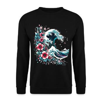 große Welle vor Kanagawa mit Blumen - Unisex Pullover - Schwarz - Vorne - Alina (178cm) & Michal (187cm)