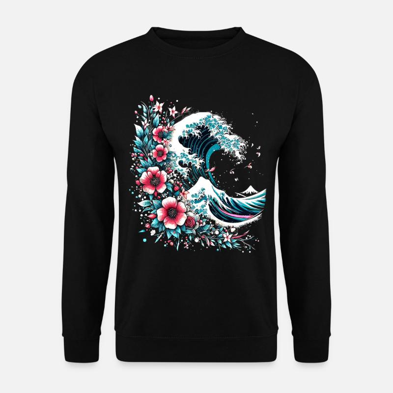 große Welle vor Kanagawa mit Blumen - Unisex Pullover - Schwarz