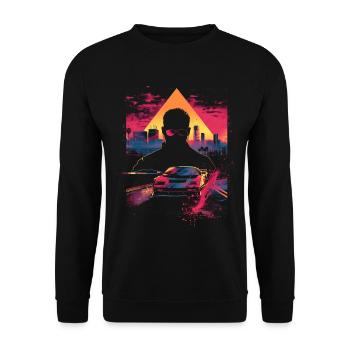 Vaporwave Voiture Rétro Homme Ville Synthwave Années 90 - Sweat-shirt Unisexe - noir - Devant - Alina (178cm) & Michal (187cm)