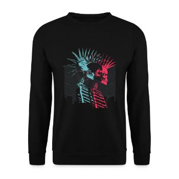 Neon Punk Rock Schädel City Skyline - Unisex Pullover - Schwarz - Vorne - Alina (178cm) & Michal (187cm)