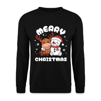 Fröhliche Weihnachten Rentier & Schneemann - Unisex Pullover - Schwarz - Vorne - Alina (178cm) & Michal (187cm)