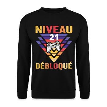 Level 21 Freigeschaltetes Geschenk 21 Jahre alter Gamer Geek Lustig - Unisex Pullover - Schwarz - Vorne - Alina (178cm) & Michal (187cm)
