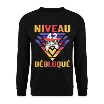 Level 42 Freigeschaltetes Geschenk 42 Jahre alter Gamer Geek Lustig - Unisex Pullover - Schwarz - Vorne - Alina (178cm) & Michal (187cm)