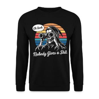 Oh schau mal, niemand kümmert sich um Sensenmann Humor Design - Unisex Pullover - Schwarz - Vorne - Alina (178cm) & Michal (187cm)