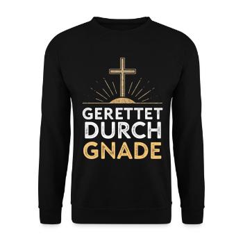 Gerettet durch Gnade Kreuzdesign - Unisex Pullover - Schwarz - Vorne - Alina (178cm) & Michal (187cm)