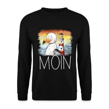 Moin Spruch Möwe Meer Leuchtturm Sonnenuntergang - Unisex Pullover - Schwarz - Vorne - Alina (178cm) & Michal (187cm)