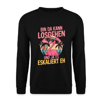 Party Flamingo Sommer Spruch Bin da kannlosgehen - Unisex Pullover - Schwarz - Vorne - Alina (178cm) & Michal (187cm)
