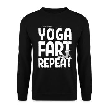 Yoga Fart Repeat Spruch mit furzendem Wolf - Unisex Pullover - Schwarz - Vorne - Alina (178cm) & Michal (187cm)
