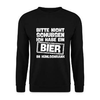 nicht schubsen habe bier im kühlschrank lustig - Unisex Pullover - Schwarz - Vorne - Alina (178cm) & Michal (187cm)