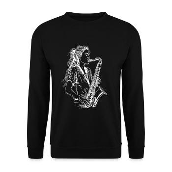 Weiblicher Saxophonist - Unisex Pullover - Schwarz - Vorne - Alina (178cm) & Michal (187cm)