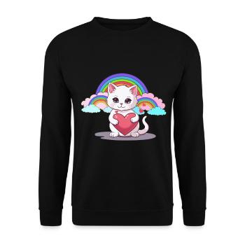 Katze Katzen Herz Herzen Regenbogen Kinder Kind - Unisex Pullover - Schwarz - Vorne - Alina (178cm) & Michal (187cm)