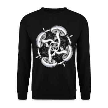 Psychedelische Pilze Triskelion | Mystische Symbolkunst - Unisex Pullover - Schwarz - Vorne - Alina (178cm) & Michal (187cm)