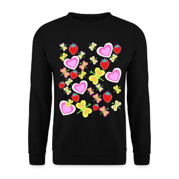 Retro Sommer Erdbeeren Erdbeer Herz Herzen Insekt - Unisex Pullover - Schwarz - Vorne - Alina (178cm) & Michal (187cm)