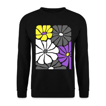 Nonbinary Pride Retro Blumen mit Enby Flag Farben - Unisex Pullover - Schwarz - Vorne - Alina (178cm) & Michal (187cm)