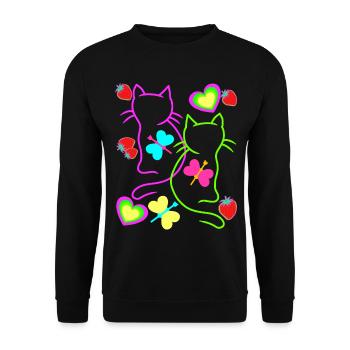 Retro Katzen Erdbeer Sommer 80er Katze Vintage - Unisex Pullover - Schwarz - Vorne - Alina (178cm) & Michal (187cm)