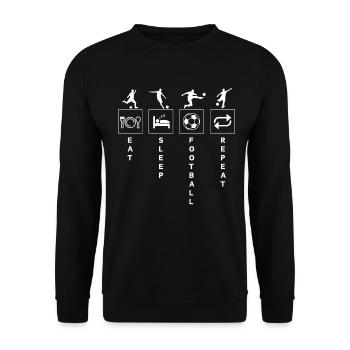 Lustige Fußball Sport Zitat Essen Schlaf Wiederholen - Unisex Pullover - Schwarz - Vorne - Alina (178cm) & Michal (187cm)