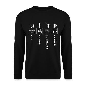 Lustiges Angelzitat Essen Schlaf Wiederholen - Unisex Pullover - Schwarz - Vorne - Alina (178cm) & Michal (187cm)