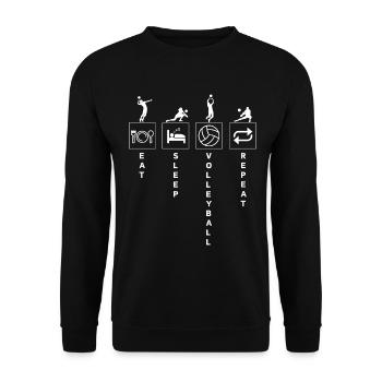 Lustiges Volleyball Sport Zitat Essen Schlaf Wiederholen - Unisex Pullover - Schwarz - Vorne - Alina (178cm) & Michal (187cm)