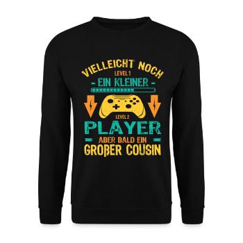 Einzelkind komplett Ich bin bald ein Großer Cousin - Unisex Pullover - Schwarz - Vorne - Alina (178cm) & Michal (187cm)