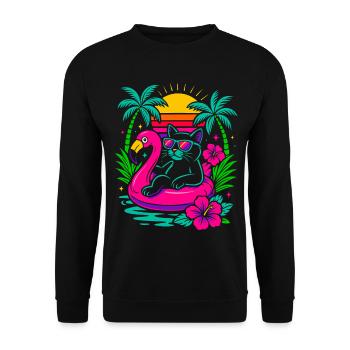 Chat d’été cool sur flamant rose - Look rétro - Sweat-shirt Unisexe - noir - Devant - Alina (178cm) & Michal (187cm)